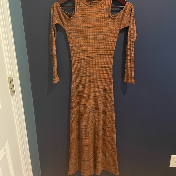 ZARA peep cut out shoulder long sleeve dress brown black Size Small - Picture 2 of 6